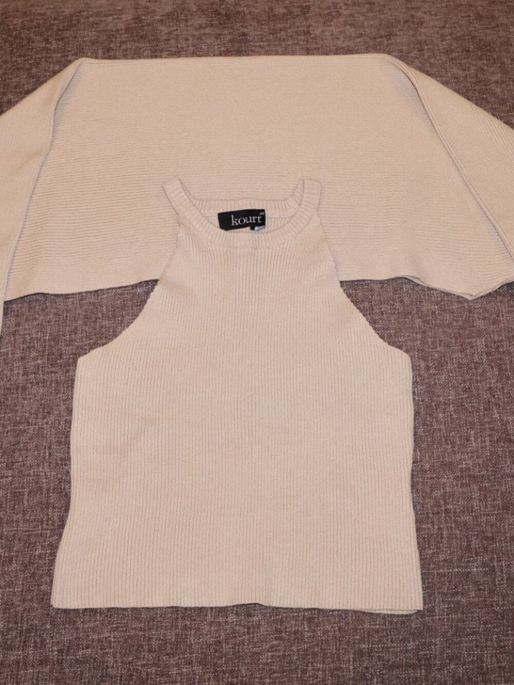 Kourt Cream Rib Knit Halter Tank + Shrug 2 Piece Set XS